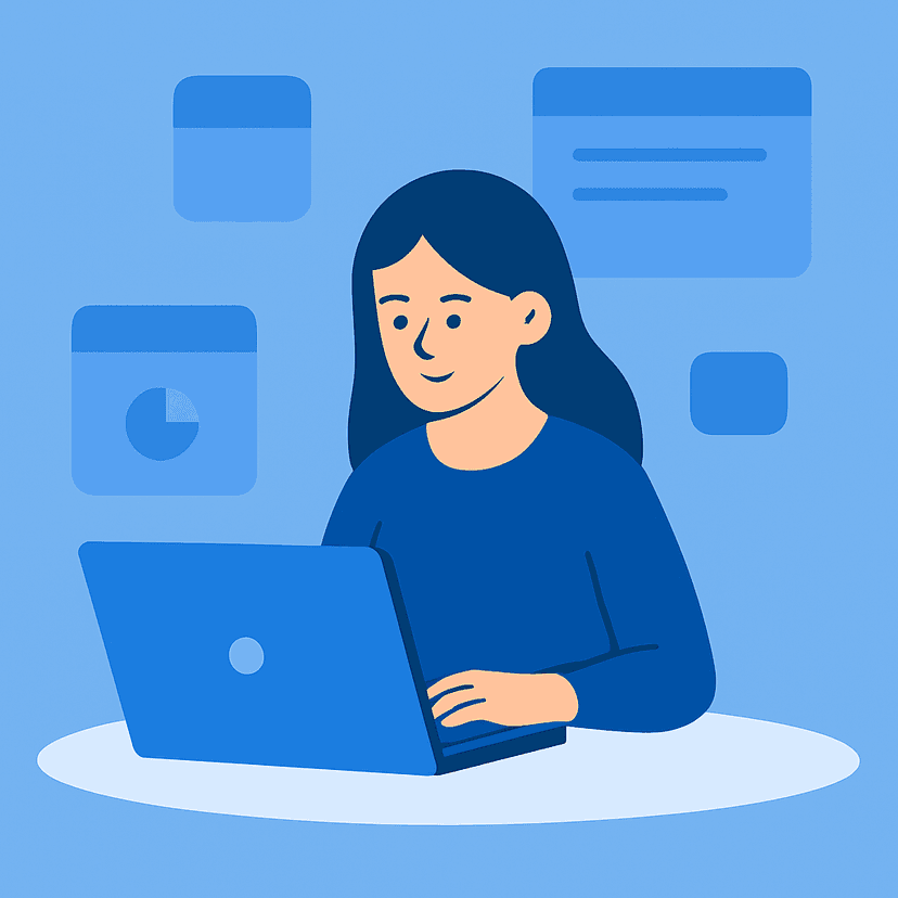 Young woman working on a laptop with interface elements around her, flat-style illustration